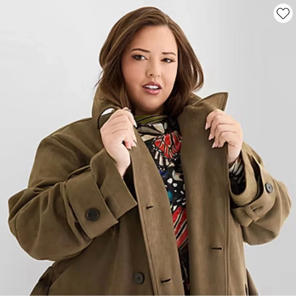 Ashley Graham Faux Suede Long Trench Coat in Olive Brown - Picture 2 of 11